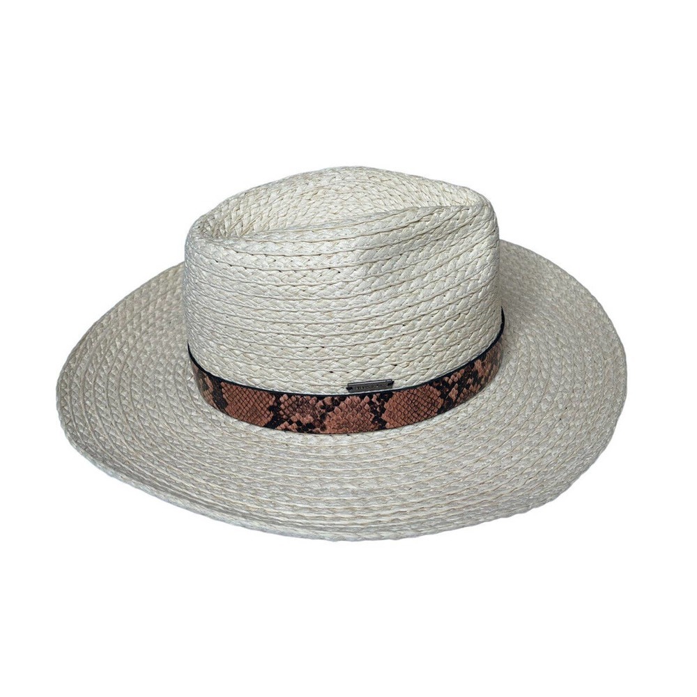 Womens BCBG Max Azria Basketweave Wide-Brim Woven Sun Hat Faux Snakeskin Band